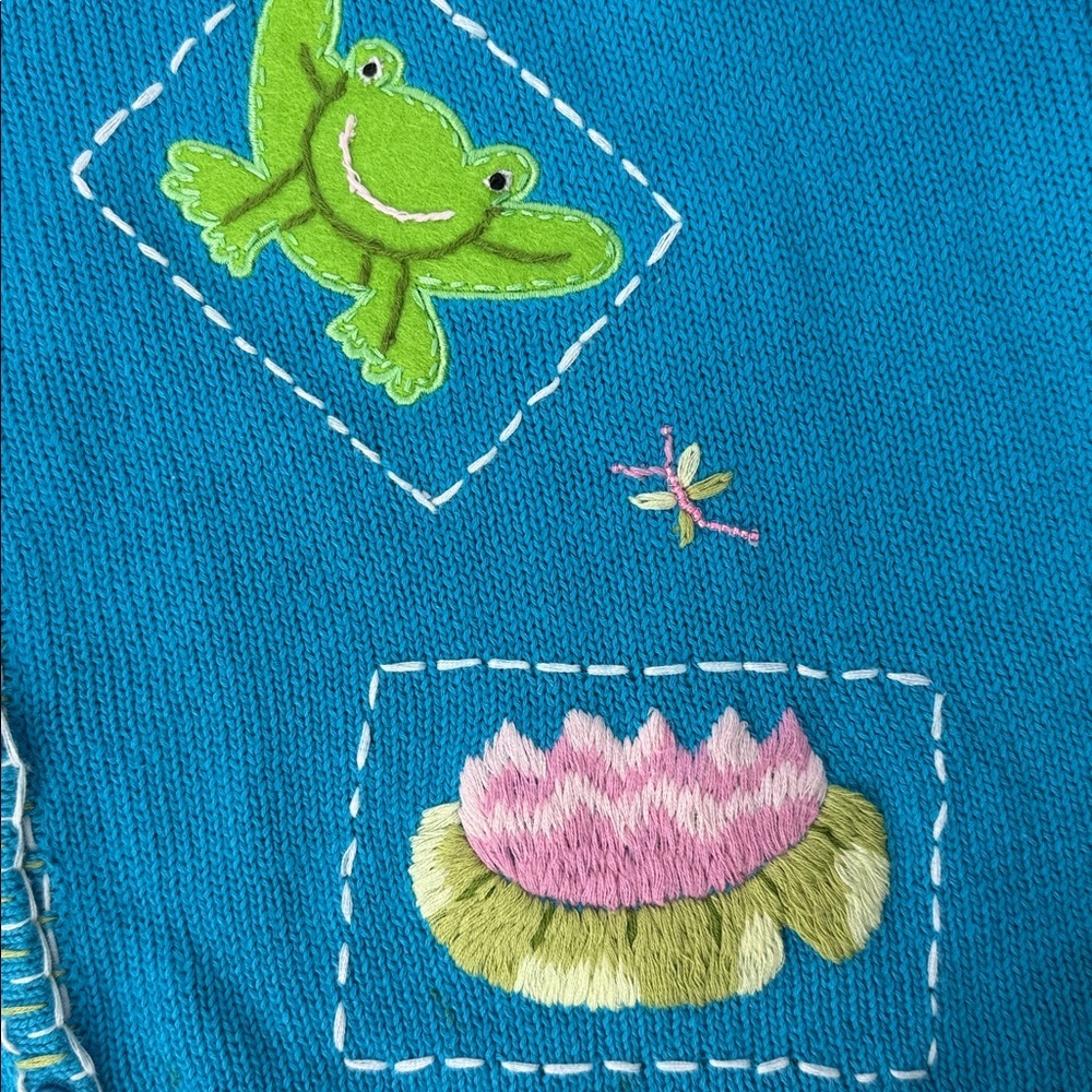 Casual living vintage cotton Cardigan w/ Frog /embroidered Lily pad Flower XL - Picture 12 of 15